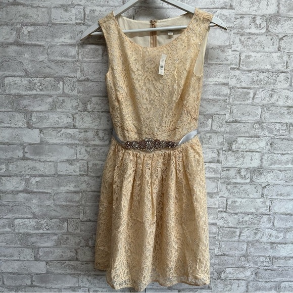 LOFT Dresses & Skirts - Loft Ann Taylor lace jewel‎ dress women’s 2 NWT tan silver sparkle